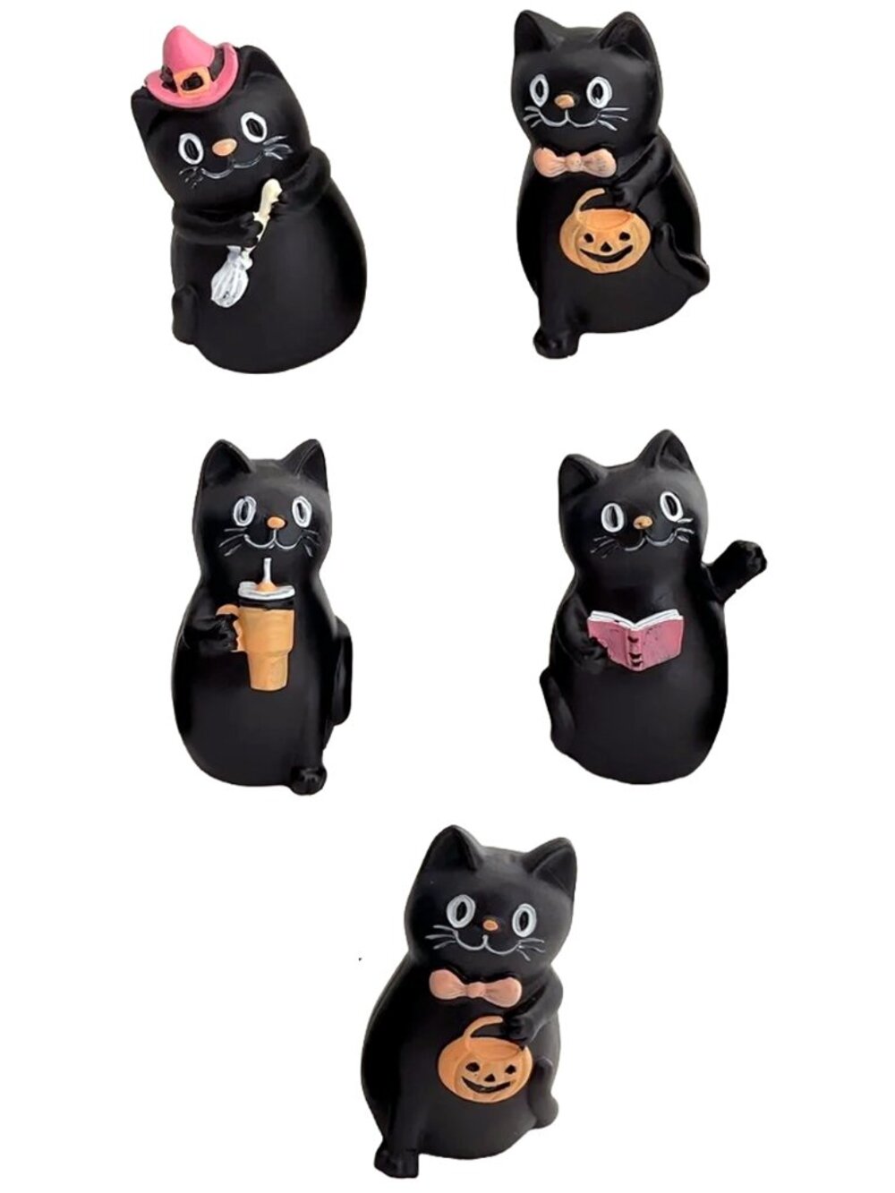 Black Cat Halloween Figurine Set - Kitty with Pumpkins Broom Coffee Book